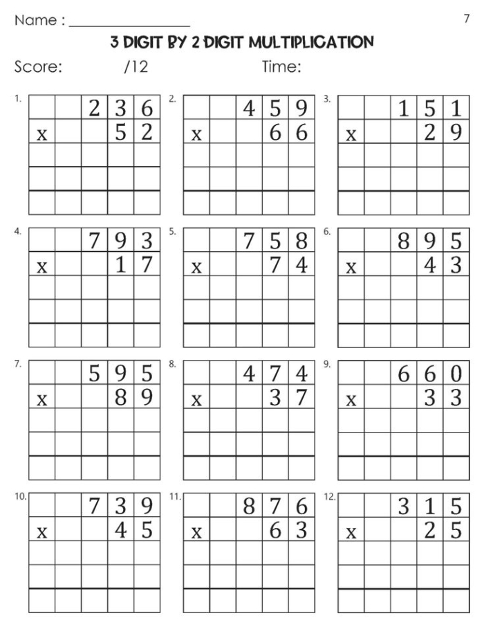 Worksheet for practicing three-digit by two-digit multiplication for fifth graders
