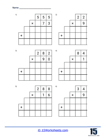 Fifth grade math worksheet featuring a 3-digit by 2-digit multiplication problem set