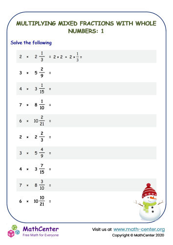 Fifth grade math worksheet showing practice problems for multiplying mixed numbers by whole numbers with step-by-step examples