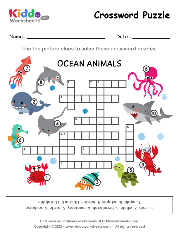 Ocean Animals Crossword puzzle worksheet for fifth graders