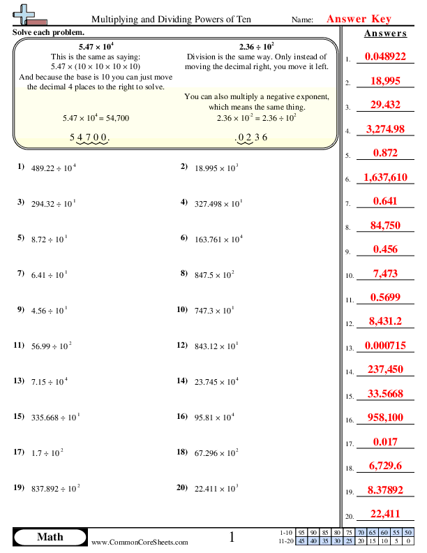 Worksheet featuring multiplication and division problems using powers of 10 for fifth graders