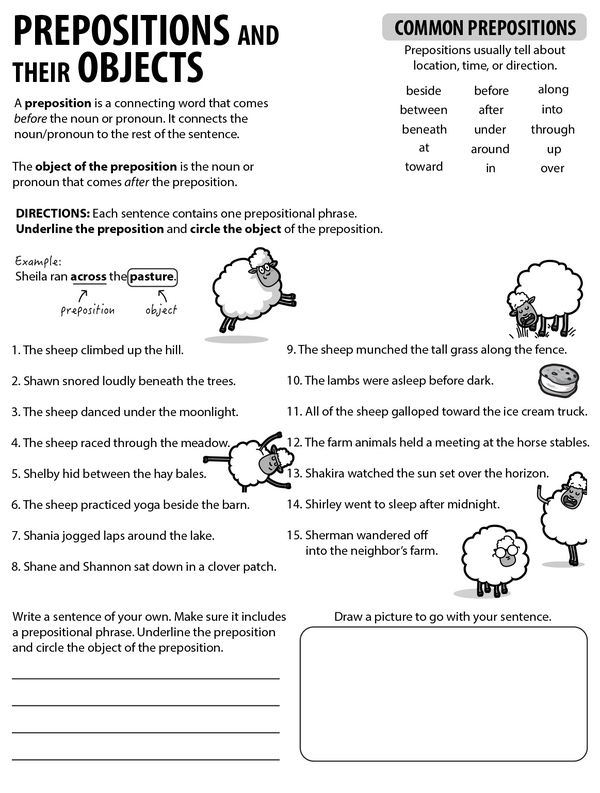 Fifth grade worksheet for identifying prepositions and their objects in sentences