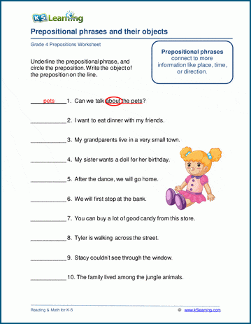 Fifth grade grammar worksheet showing exercises to identify prepositions and their objects in sentences
