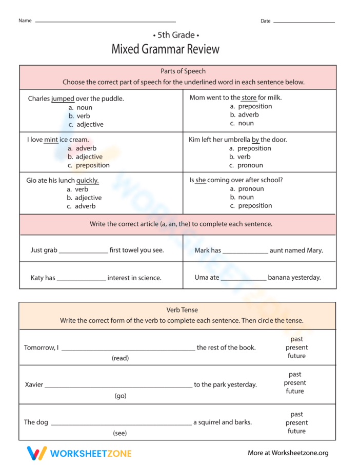 5th Grade Mixed Grammar Review worksheet featuring varied punctuation and sentence structure exercises for students