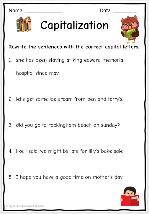 Worksheet showcasing punctuation and capitalization exercises for fifth graders
