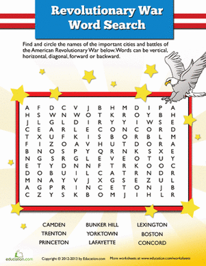 American Revolution word search worksheet featuring historic battlefields and cities