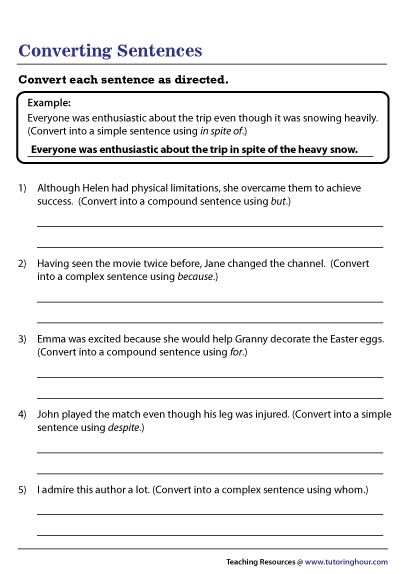 Fifth grade grammar worksheet focused on identifying simple, compound, and complex sentence structures