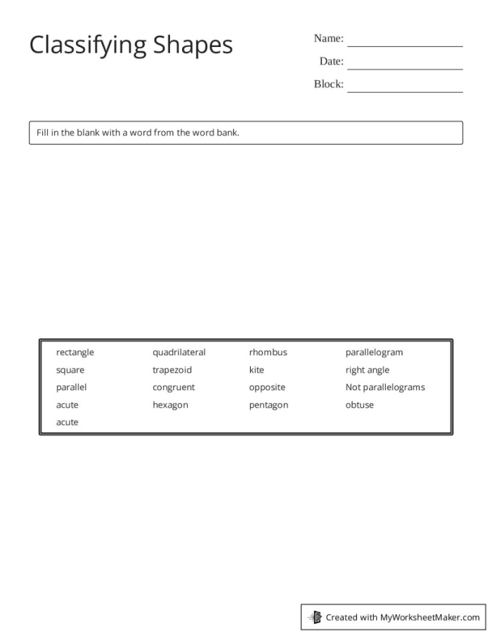 Categorize These Shapes Geometry Practice Activity for Elementary Students Fifth grade geometry worksheet showing various two-dimensional shapes including parallelograms, quadrilaterals, squares and triangles for students to classify and categorize