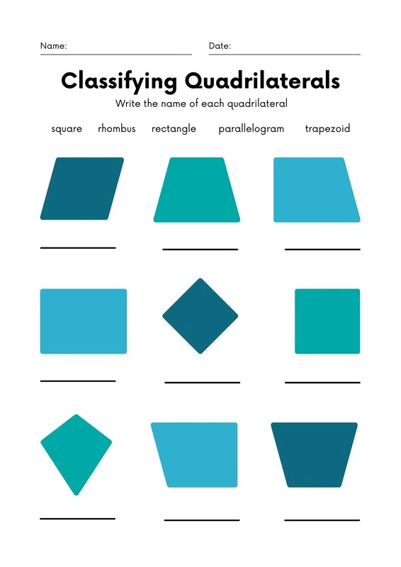 Categorize These Shapes worksheet for teaching geometry classification skills Fifth grade geometry worksheet showing various 2D shapes including parallelograms, quadrilaterals, squares and triangles to categorize and classify