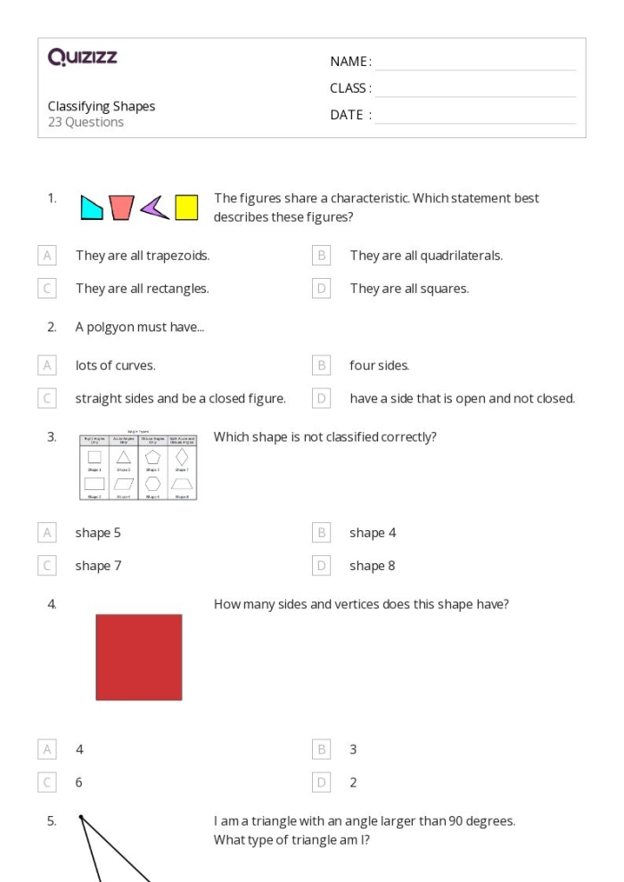 Categorize These Shapes worksheet image 13 for teaching geometry classification skills Fifth grade geometry worksheet showing various 2D shapes including parallelograms, quadrilaterals, squares, and triangles arranged for classification practice