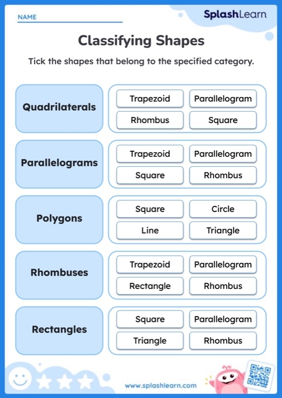 Categorize These Shapes Worksheet Twenty Fifth grade geometry worksheet featuring various two-dimensional shapes for students to classify