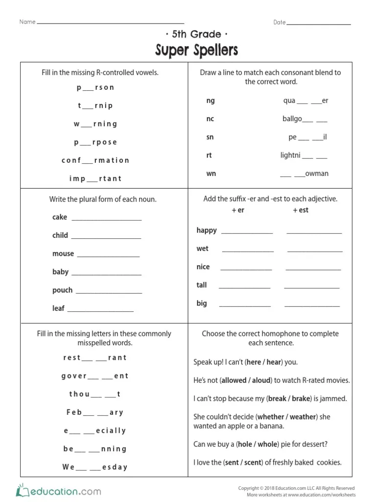 5th Grade Super Spellers worksheet designed for assessing spelling patterns and frequently misspelled words