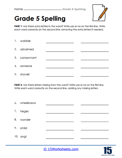 5th Grade Super Spellers worksheet featuring spelling patterns and tricky words for student assessment
