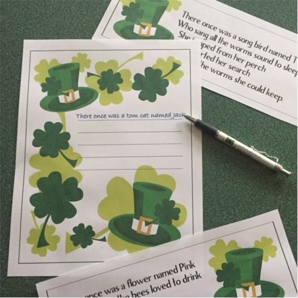 Fifth grade worksheet featuring a guide and writing space for a St. Patrick's Day limerick poem