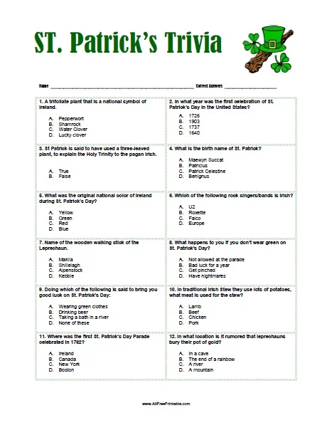 Fifth grade students answering St. Patrick's Day trivia questions on a worksheet