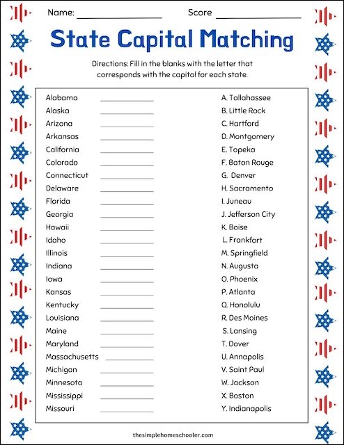 Worksheet for matching state capitals with their respective states for fifth graders