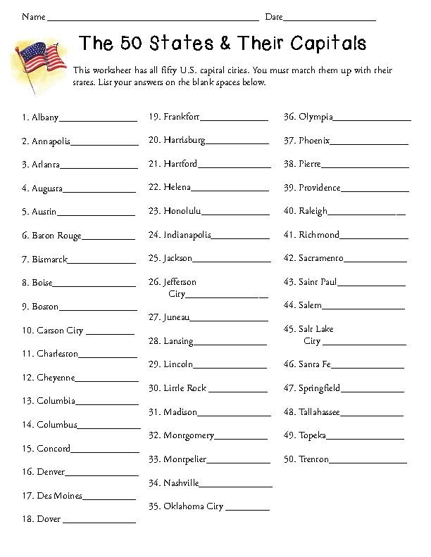 Fifth grade geography worksheet showing a matching activity for 50 U.S. state capitals and their corresponding states