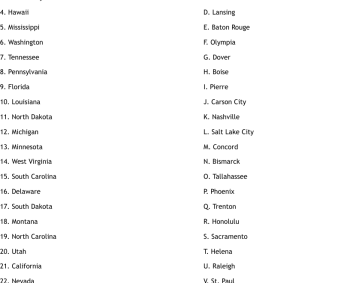 Fifth grade student matching US states to their capitals on a printable educational worksheet