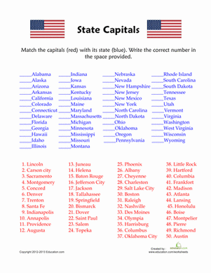 Fifth grade worksheet featuring a 50 states and capitals matching activity