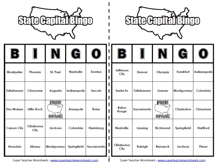 Fifth grade worksheet featuring a 50 states and capitals quiz for students