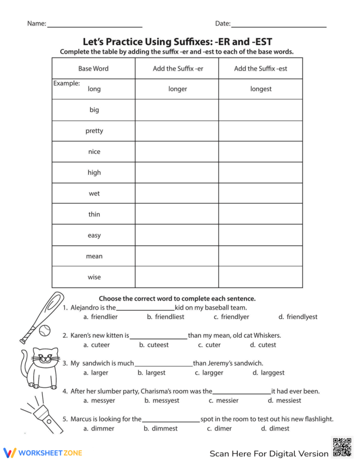 Let's Practice Using Suffixes -er and -est Worksheet Image 11 Fifth grade grammar worksheet showing adjective suffix practice exercises for -er and -est spelling rules