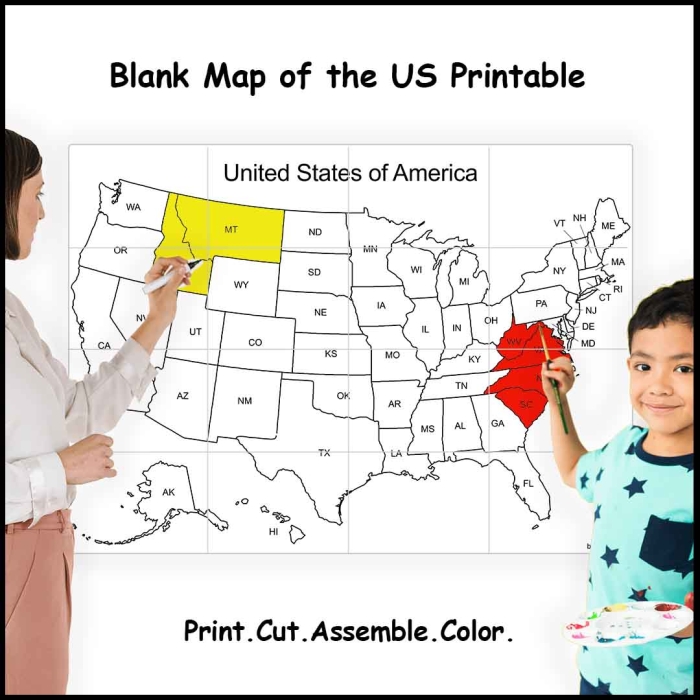 Blank map of the United States showing state boundaries for fifth grade geography practice and learning activities
