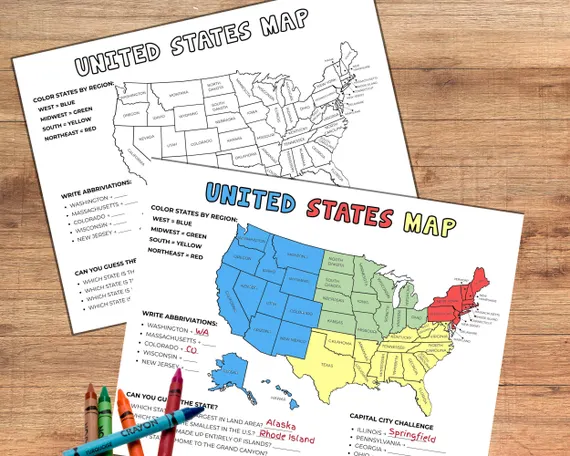 A fifth grade geography worksheet featuring a blank map of the United States for practicing state abbreviations