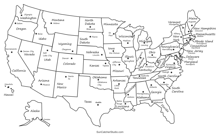 Blank map of the United States with state outlines for students to label capitals and geographical features