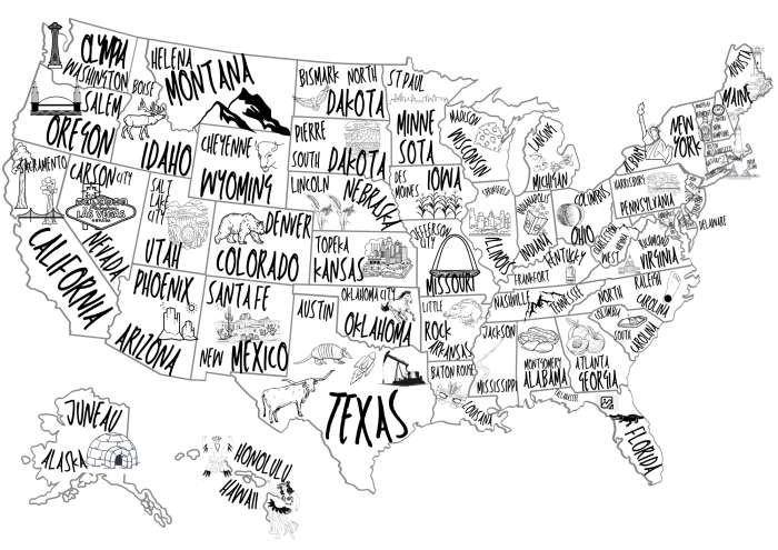 Blank map of the United States showing state boundaries for fifth grade geography practice