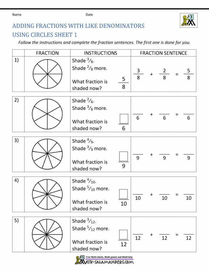 Worksheet for adding fractions with visual aids for fifth graders