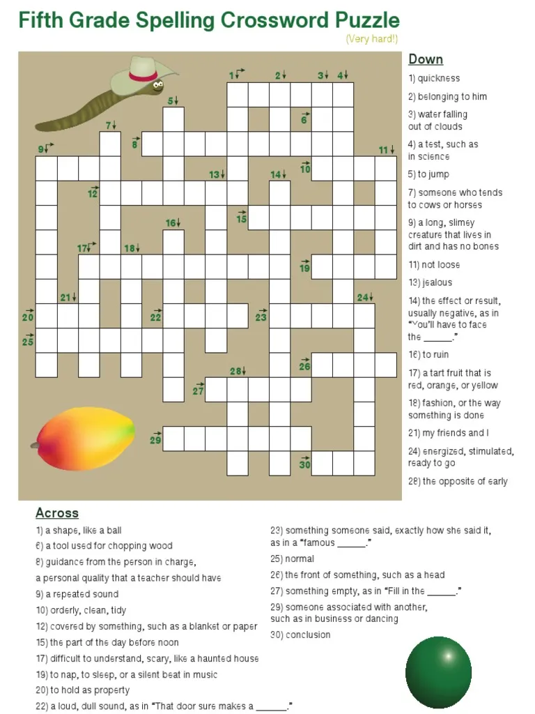 A fifth grade student completing a vocabulary crossword puzzle worksheet with spelling clues