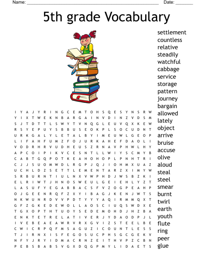 5th grade vocabulary crossword puzzle worksheet for building spelling skills