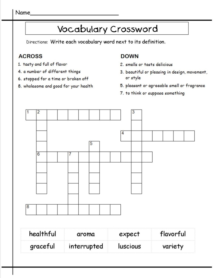5th Grade Vocabulary Crossword Puzzle worksheet featuring key terms from fifth grade texts