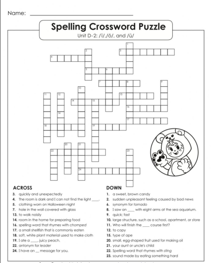 Fifth grade vocabulary crossword puzzle worksheet with spelling challenges for young learners