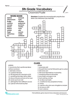 Fifth grade vocabulary crossword puzzle with spelling and word definition clues for students