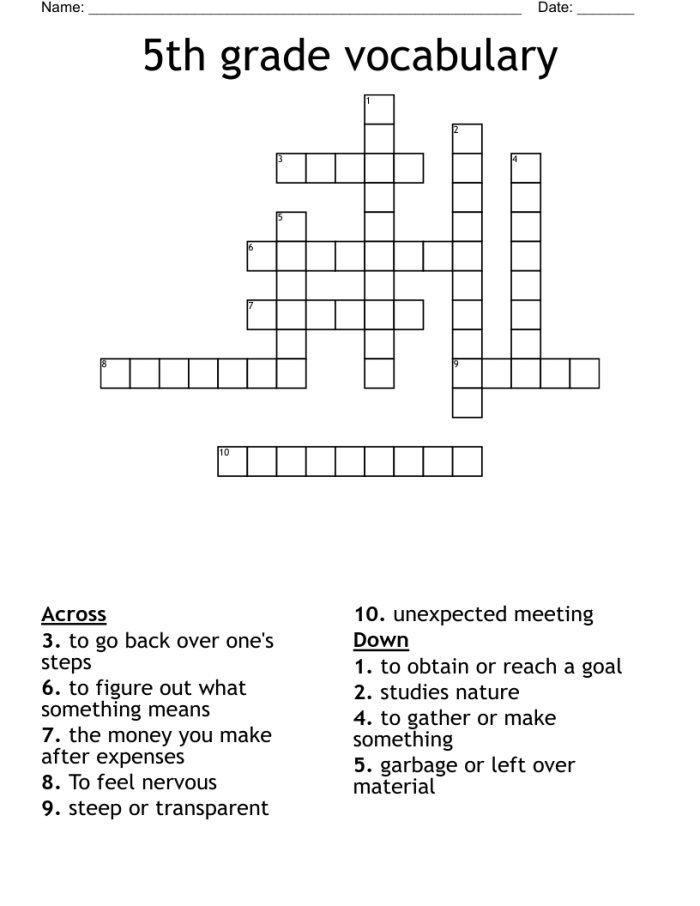 Fifth grade vocabulary crossword puzzle worksheet featuring spelling challenges