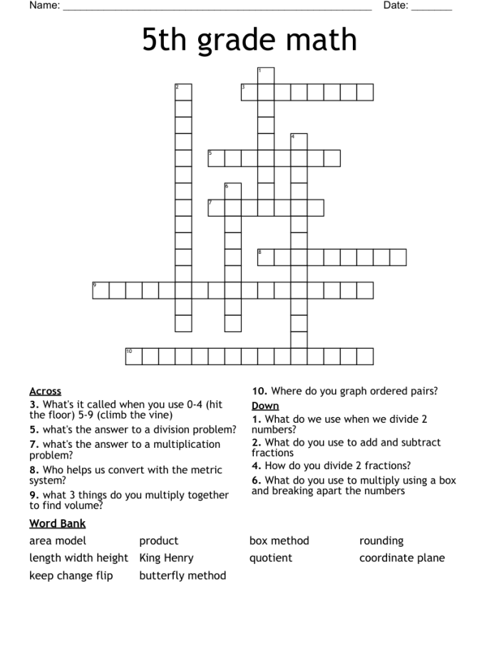 5th grade vocabulary crossword puzzle worksheet featuring spelling challenges