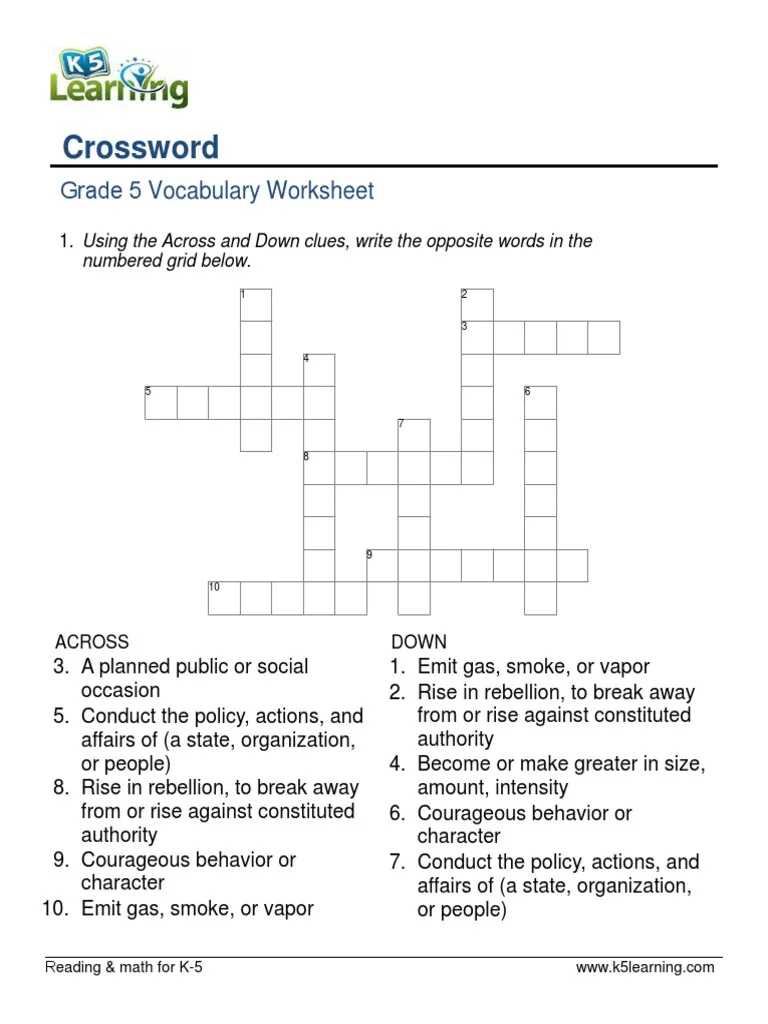 5th grade vocabulary crossword worksheet featuring challenging spelling words for students