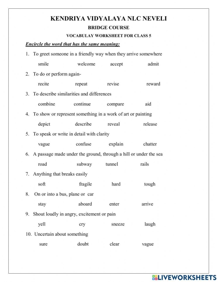Vocabulary Strategies Worksheet for Fifth Grade Multiplication and Language Arts Lesson 3 Fifth grade student completing a vocabulary strategies worksheet focused on root words and context clues