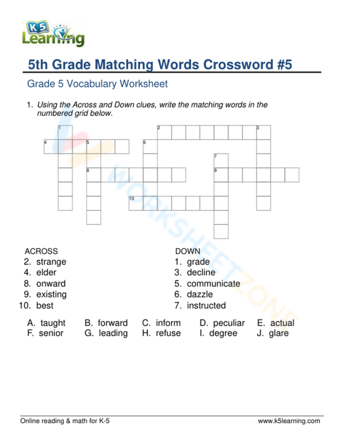 5th grade vocabulary crossword worksheet featuring challenging spelling exercises for fifth graders