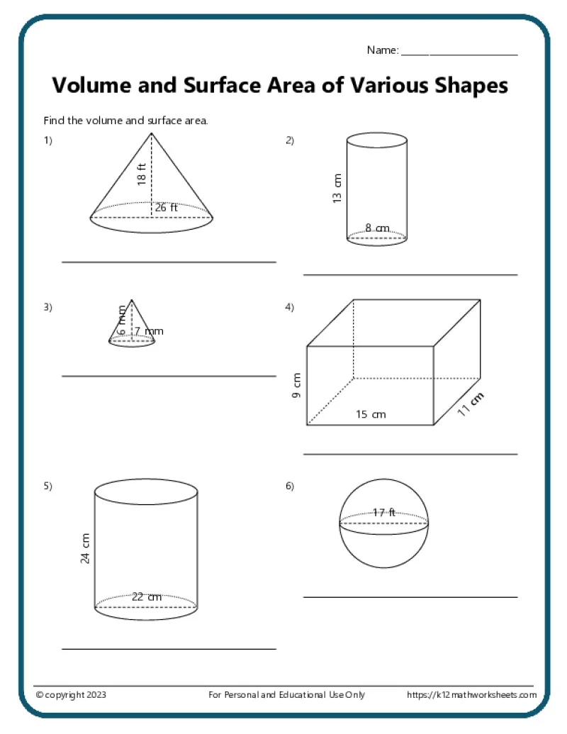 Fifth-grade worksheet illustrating how to calculate the volume of various shapes using base and height