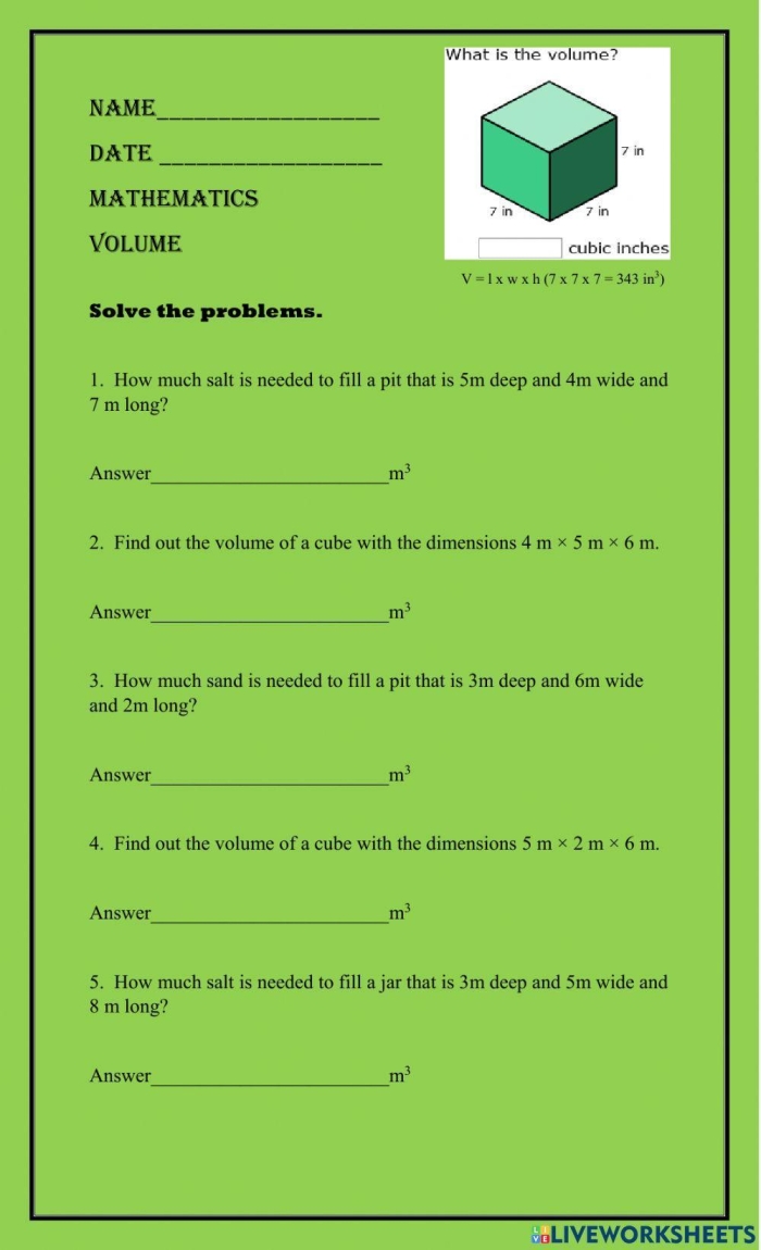 Fifth grade math worksheet showing five volume word problems with rectangular prisms for students to solve and calculate cubic units
