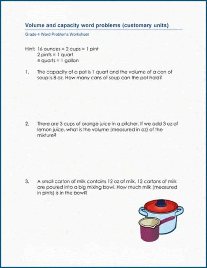Fifth grade math worksheet with five volume word problems for students to solve