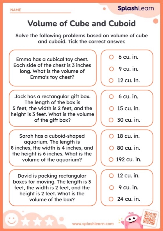 Fifth grade math worksheet featuring five volume calculation word problems