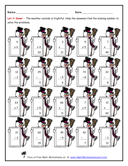 Fifth grade students solve ten winter-themed three-digit multiplication problems on this math worksheet