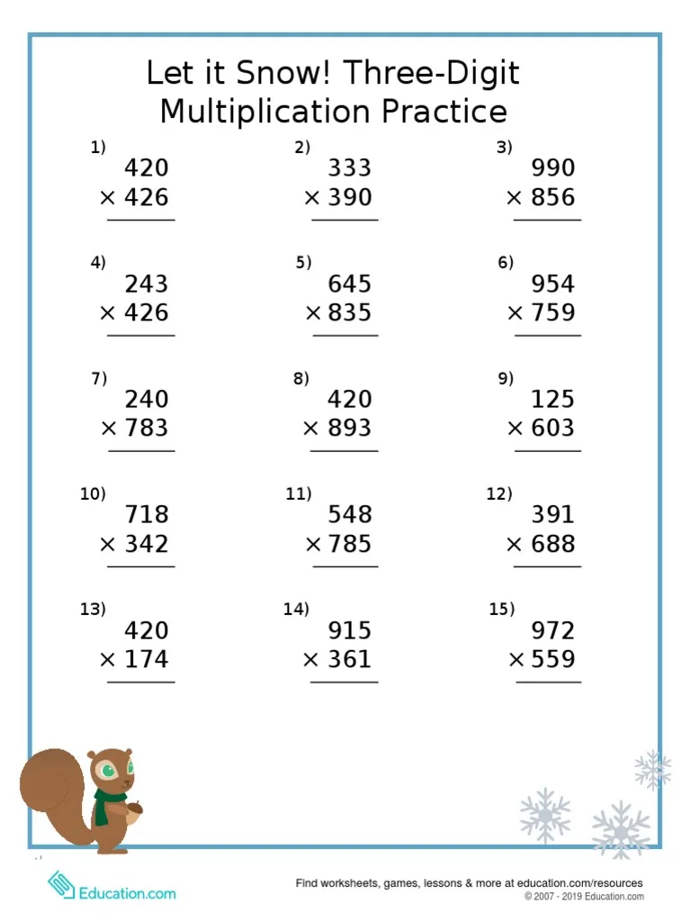 A winter-themed math worksheet showing 10 three-digit multiplication problems with snowflake decorations for fifth graders