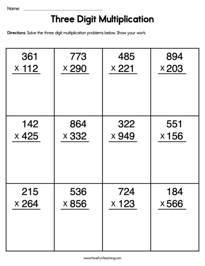 Three-digit multiplication problems with winter snowflake designs for fifth grade math practice
