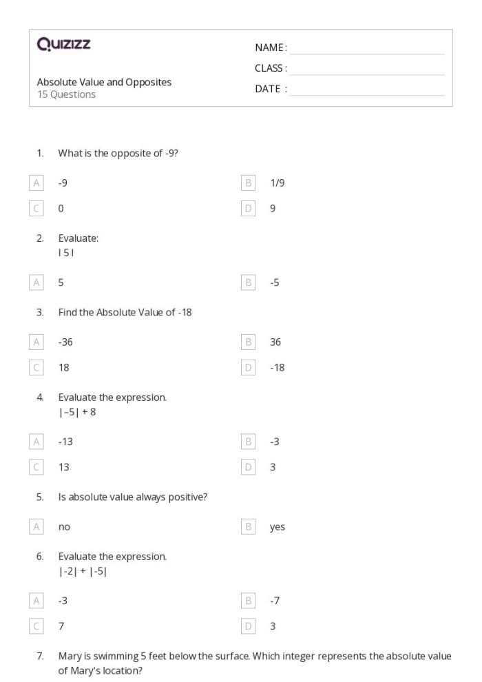 Sixth grade worksheet focusing on finding opposites and absolute values of rational numbers