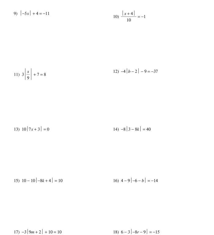 Sixth grade math worksheet showing problems for finding absolute value of positive and negative fractions and rational numbers