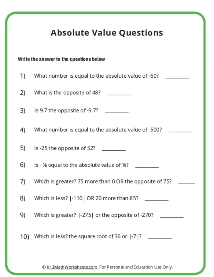 Sixth grade student solving absolute value problems on a math worksheet with number line examples